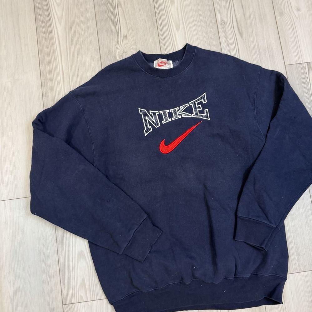 Vintage Nike Mens XXL Big Swoosh Embroidered Spell Out Pullover Sweatshirt Navy - Picture 2 of 10